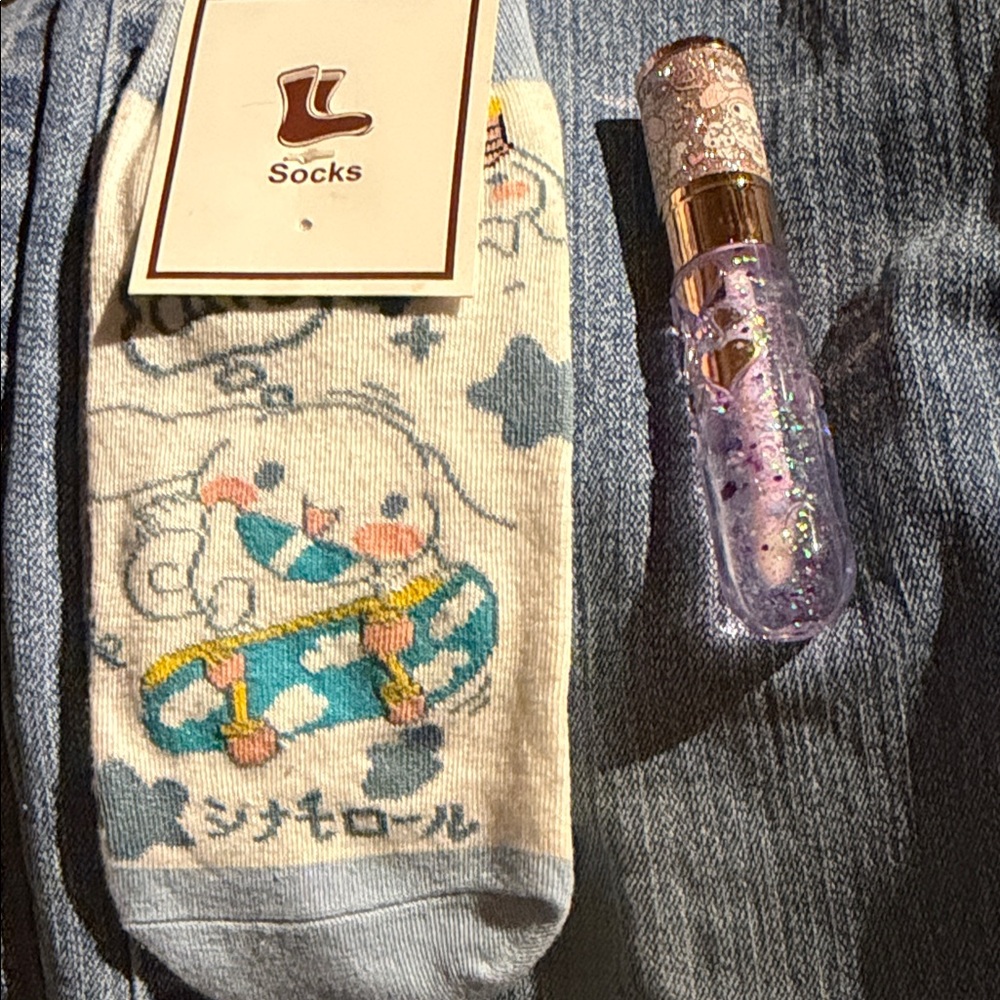 Cute Blue and White Kids Socks and lip gloss